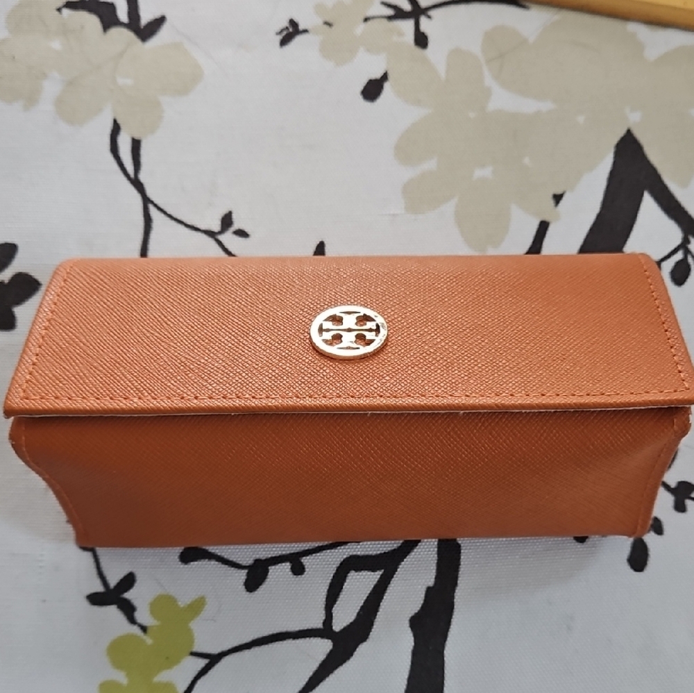 Tory Burch Orange Saffiano Leather Sunglasses Case with Logo